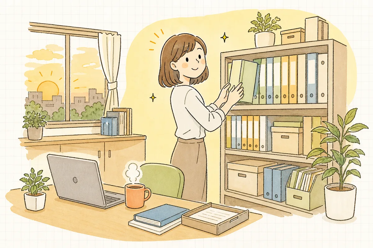 取引先ごとに証拠の置き場所が決まり、整ったファイルを棚に戻しながらほっとした笑顔を見せるひとり経理の担当者