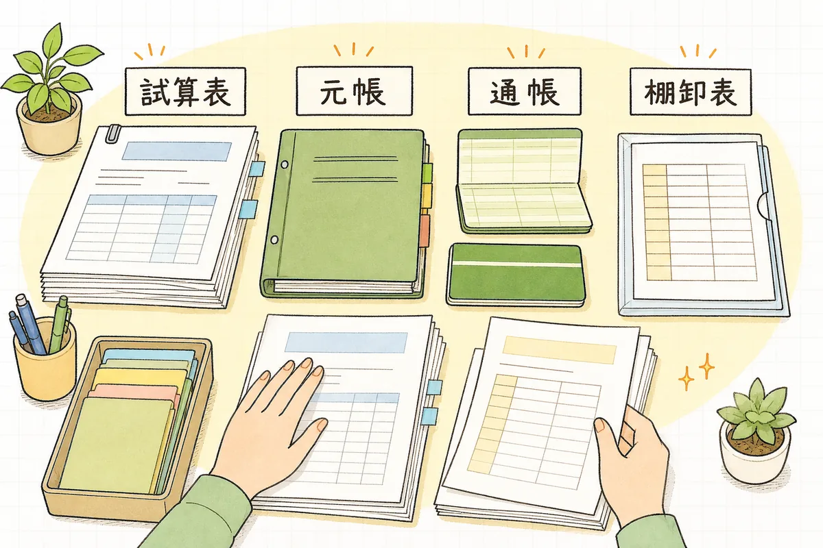 決算で税理士に渡す資料(試算表・元帳・通帳コピー・請求書・棚卸表など)をまとめて準備しているイメージ図