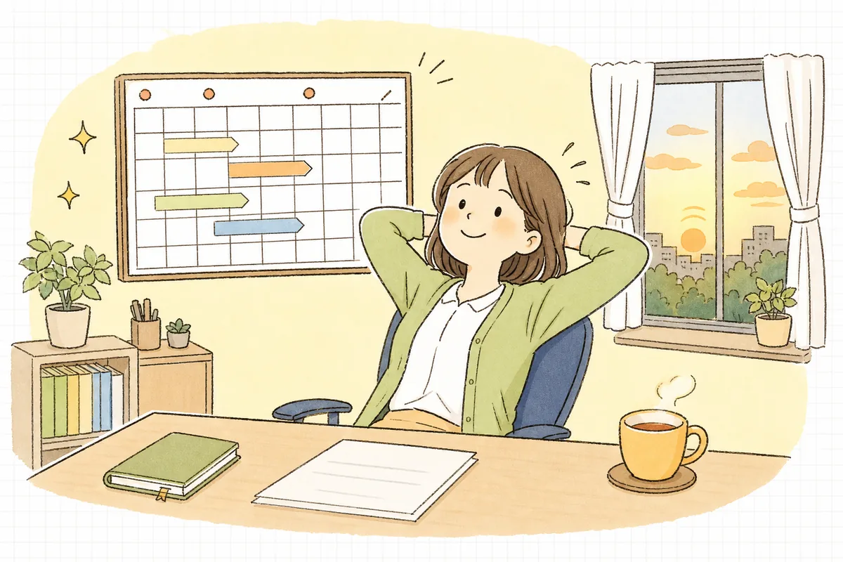 決算の段取りを書き終えたカレンダーを前に、見通しが立ってほっと一息つくひとり経理の担当者