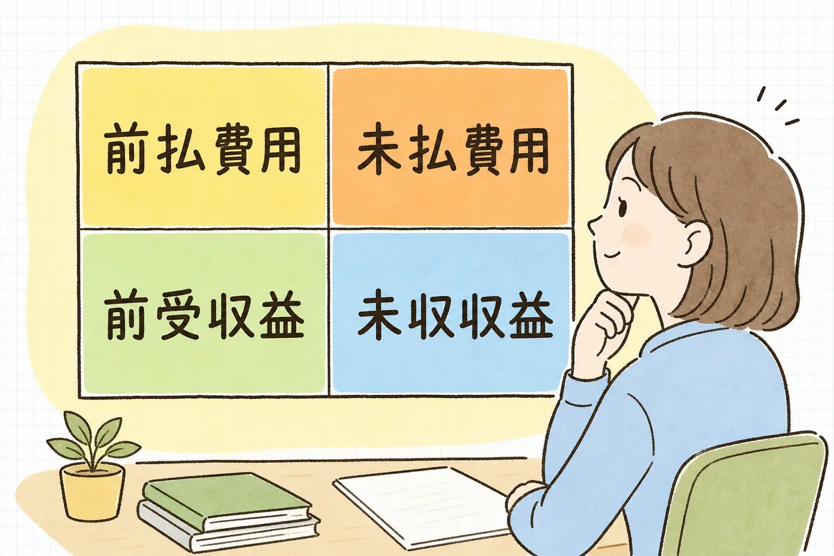 費用と収益、先払い・先受けと後払い・未回収の組み合わせで経過勘定が前払費用・未払費用・前受収益・未収収益の4つに分かれることを示したマトリクス図