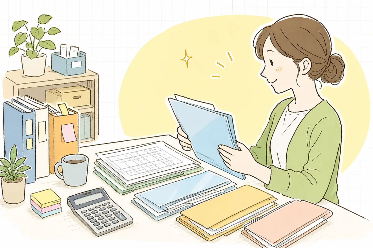 決算前の机で、総勘定元帳・通帳・請求書などを種類ごとに分けて封筒やクリアファイルにまとめ、税理士へ渡す準備をしているひとり経理の担当者