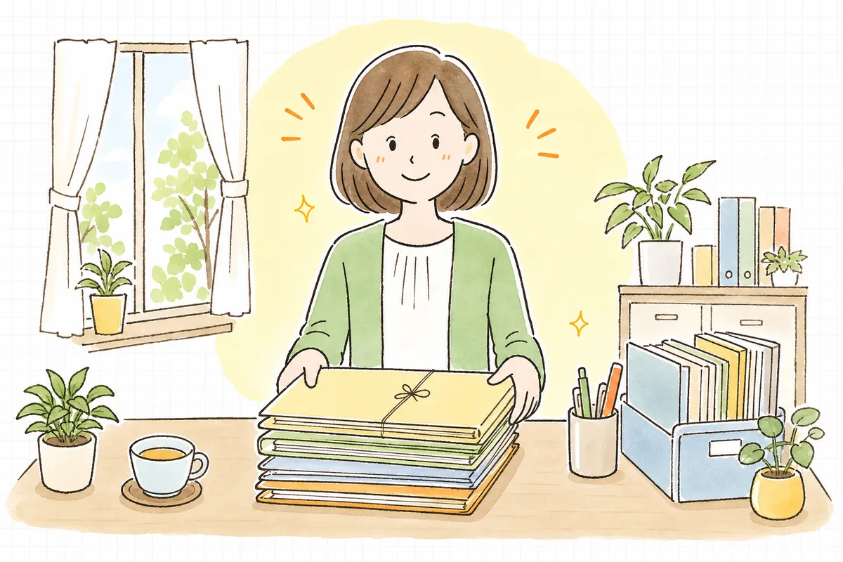 そろえた決算資料を種類ごとにまとめ終え、税理士へ渡す準備が整って、ほっとした表情のひとり経理の担当者