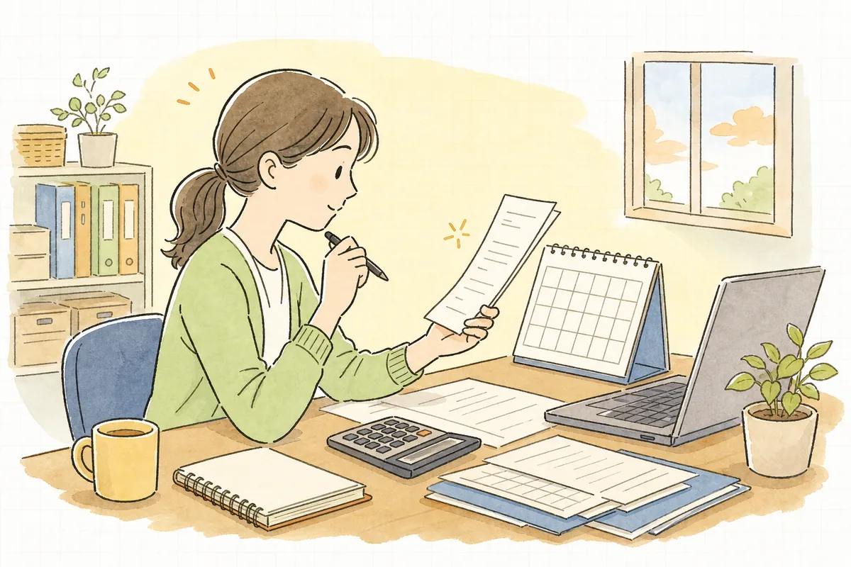 月末のデスクで、請求書の日付と支払った月を見比べ「これは何月に入れるのか」と計上月に迷っているひとり経理の担当者