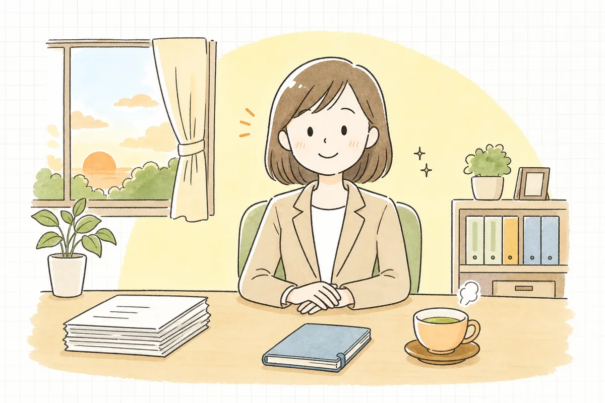 月末の締めで計上月を基準どおりに整理し終え、すっきりした表情でチェックを終えるひとり経理の担当者