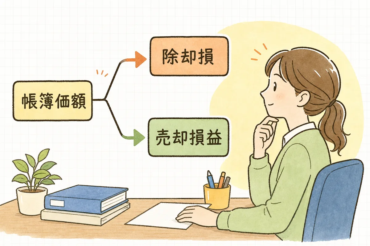 期中の減価償却で帳簿価額を確定させたあと、捨てたなら除却損、売ったなら売却損益へ分かれる処理の流れを示した図