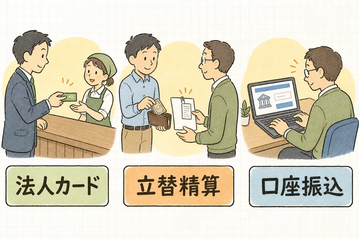 小口現金で払っていたものの置き換え先を、法人カード・立替精算・口座振込の3つに分けて示した図