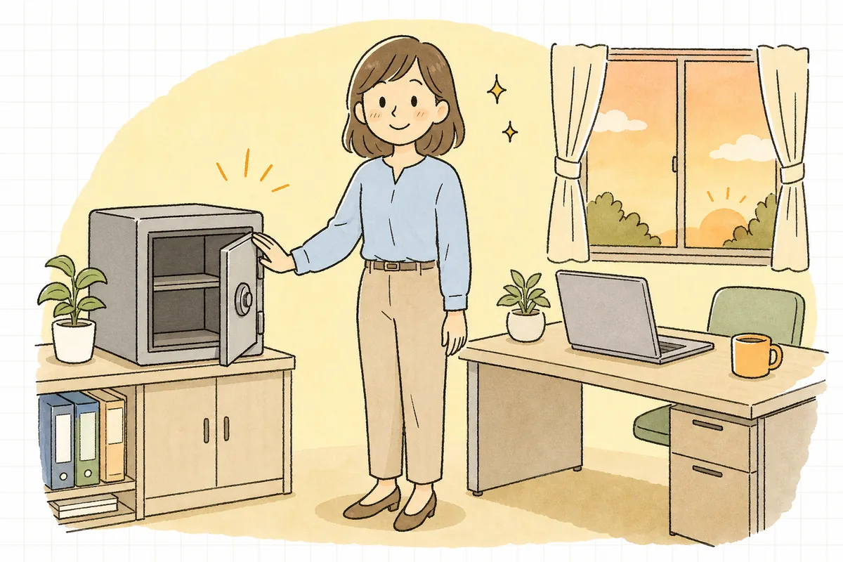 小口現金を廃止して空になった金庫の扉を静かに閉め、片づいたデスクの前で穏やかに息をついているひとり経理の担当者