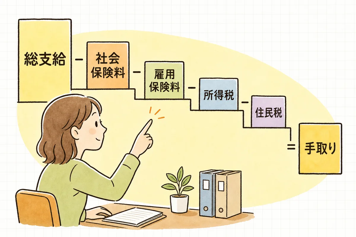 総支給額から社会保険料・雇用保険料・源泉所得税・住民税を順番に引いて手取りになる流れを左から右へ示した図