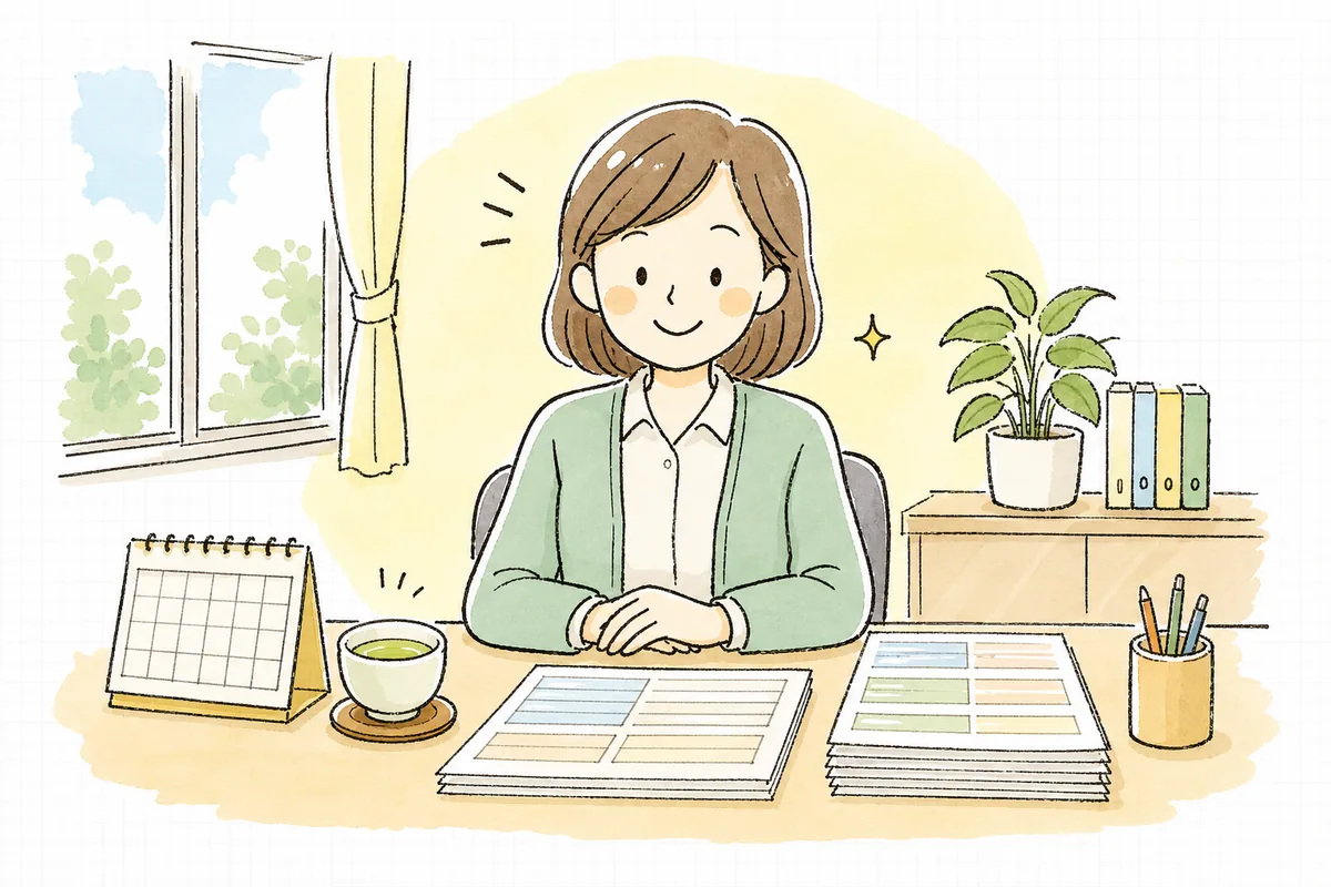 給与計算の控除を順番どおりに引き終え、明細と振込額が一致して落ち着いた表情のひとり経理の担当者