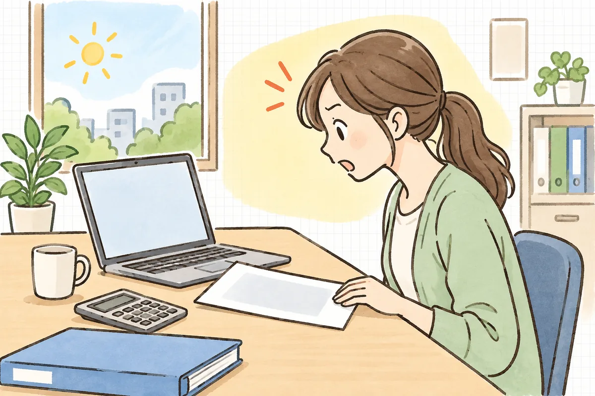 給与振込を終えた翌日の朝、勤怠データと給与明細を見比べて計算の間違いに気づき、はっとしている経理担当者