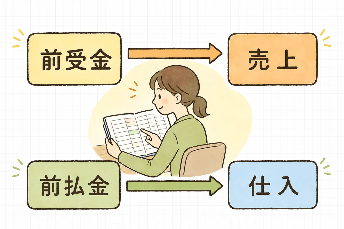 受け取った前受金を納品時に売上へ、払った前払金を受取時に仕入へ振り替えて消し込む流れを示した図
