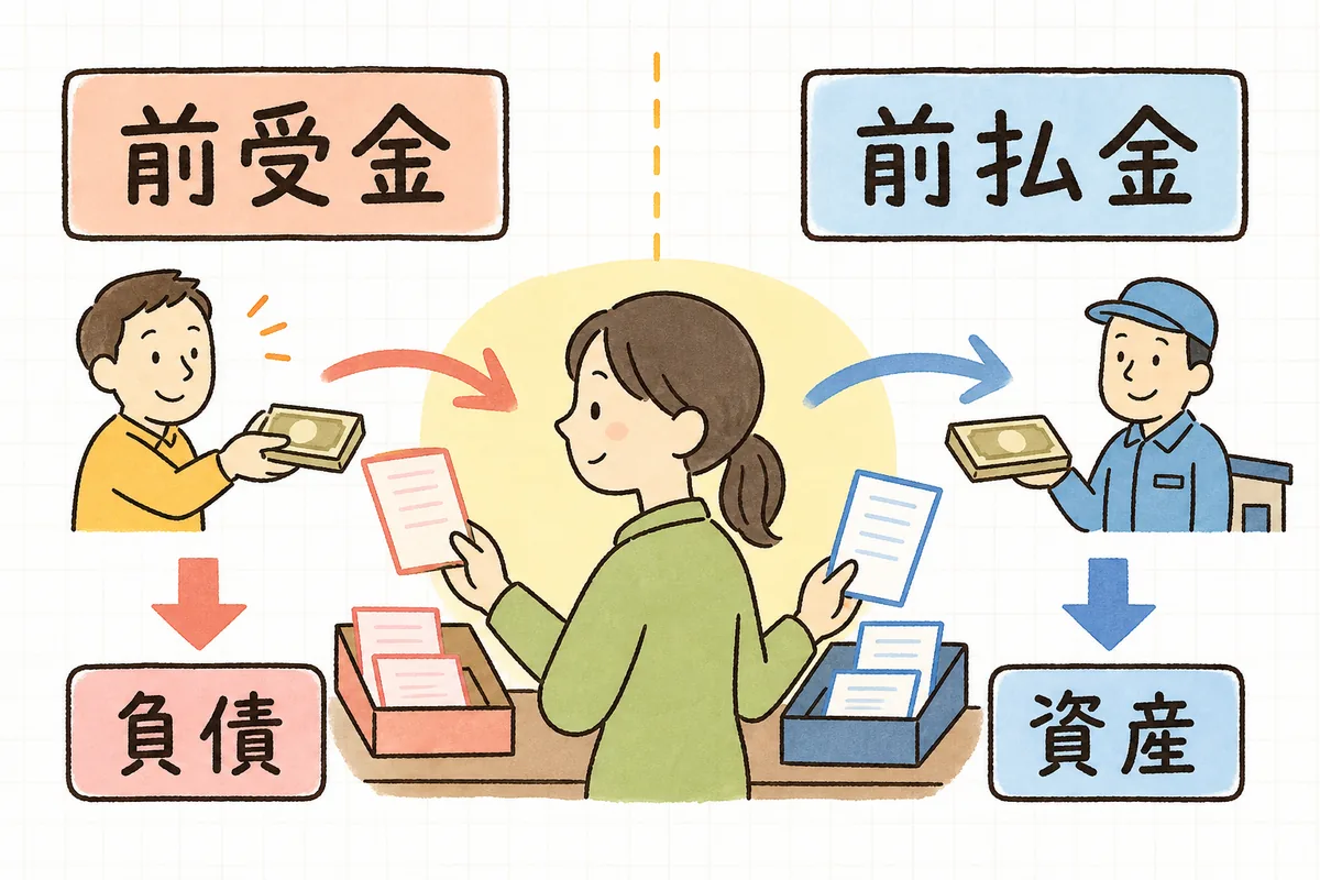先に代金を受け取ったら前受金(負債)、先に代金を払ったら前払金(資産)と、お金の向きで科目が決まることを左右に分けて示した図