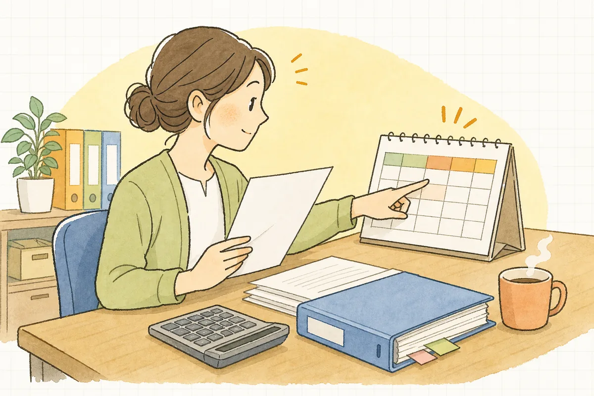 登録番号のない請求書を手に、経過措置の割合がいつ変わるかカレンダーで確かめているひとり経理の担当者
