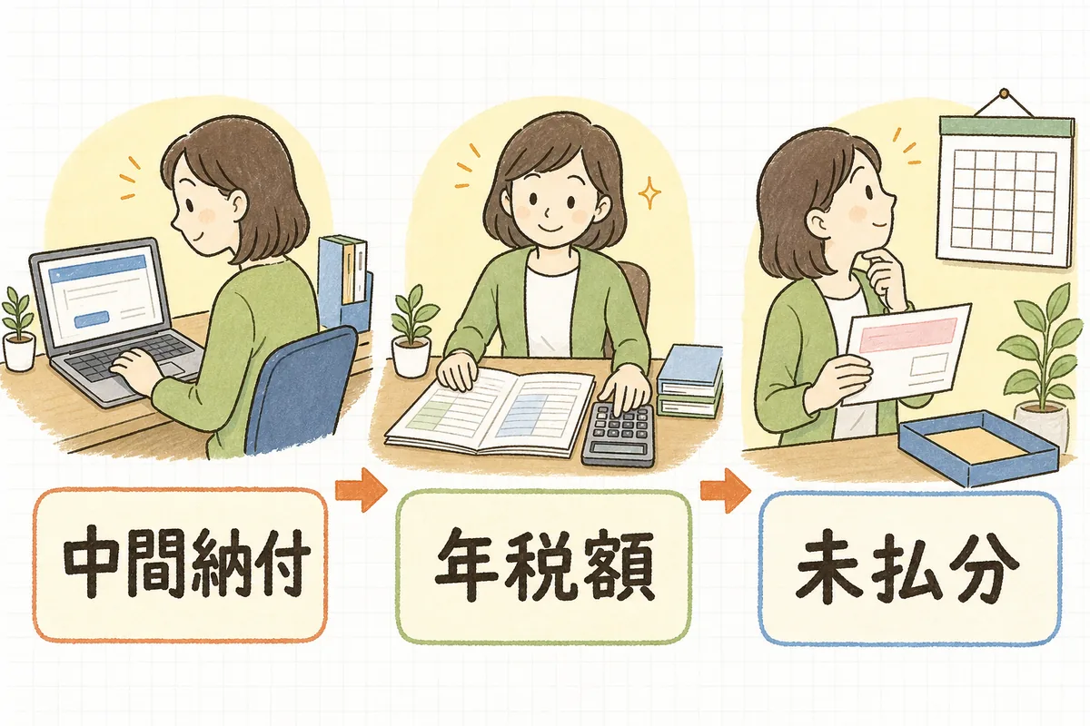 事業年度の途中に中間納付をし、決算で年税額を確定させ、残りを未払分として翌期に納めるまでの流れを3つの場面で示した図