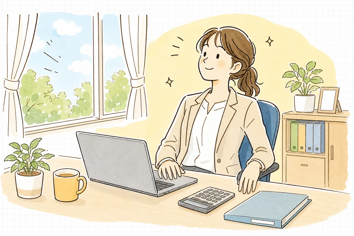 納付を終えて残高がゼロになった帳簿を確認し、窓の外の朝の光を見ながら穏やかな表情で息をついているひとり経理の担当者
