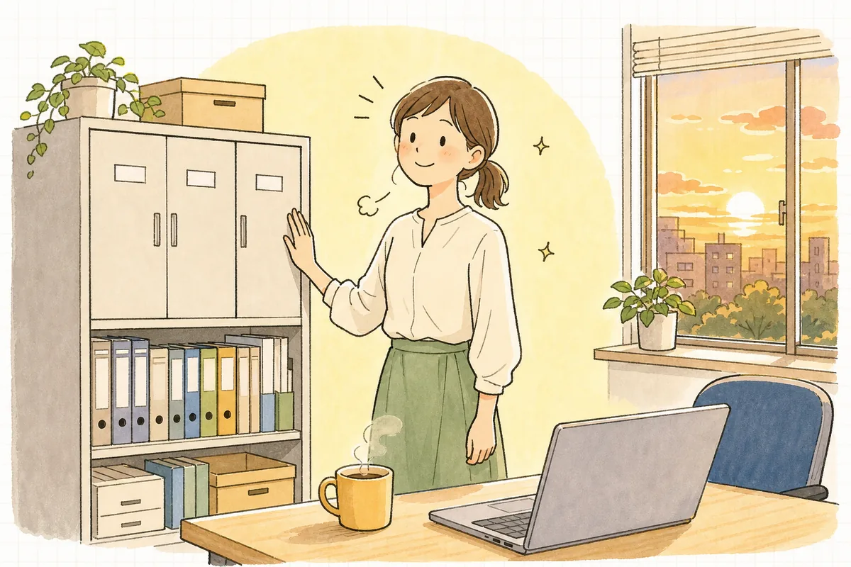 書類の置き場所を整え、鍵のかかったキャビネットの前でほっとした笑顔を見せるひとり経理の担当者