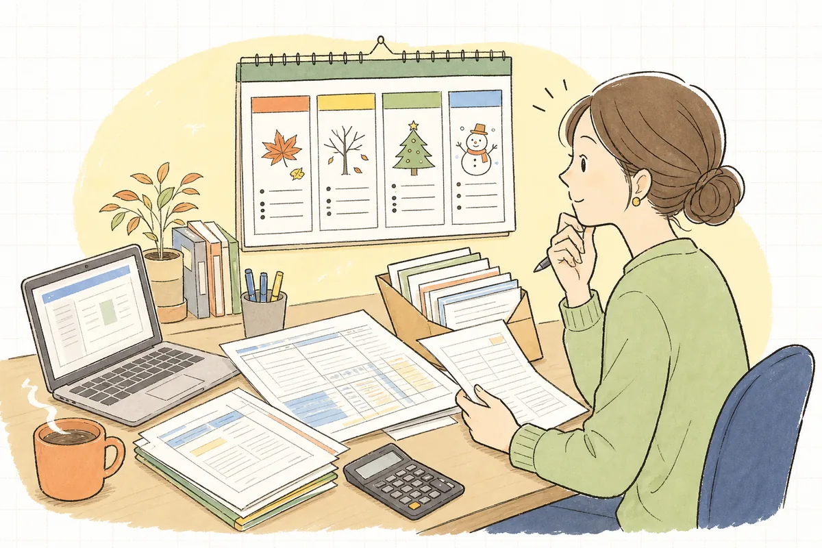 年末調整の申告書と控除証明書の束を前に、カレンダーで「いつ何をやるか」を確かめている経理担当者