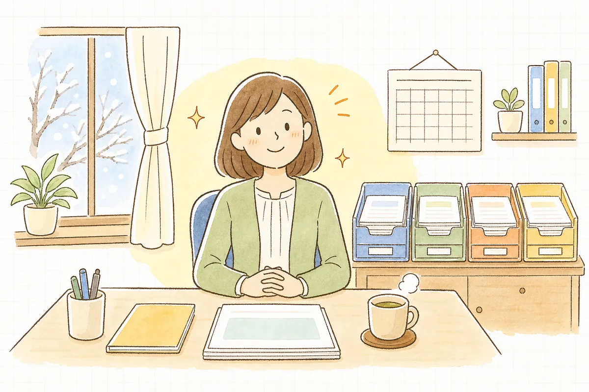 年末調整の書類を時期ごとに整理し終え、カレンダーを見て落ち着いた表情のひとり経理の担当者