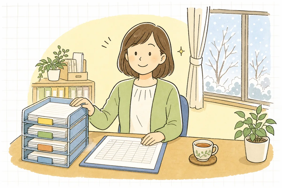 従業員から集めた年末調整の書類が名簿どおりにそろい、落ち着いた表情でひと息ついているひとり経理の担当者
