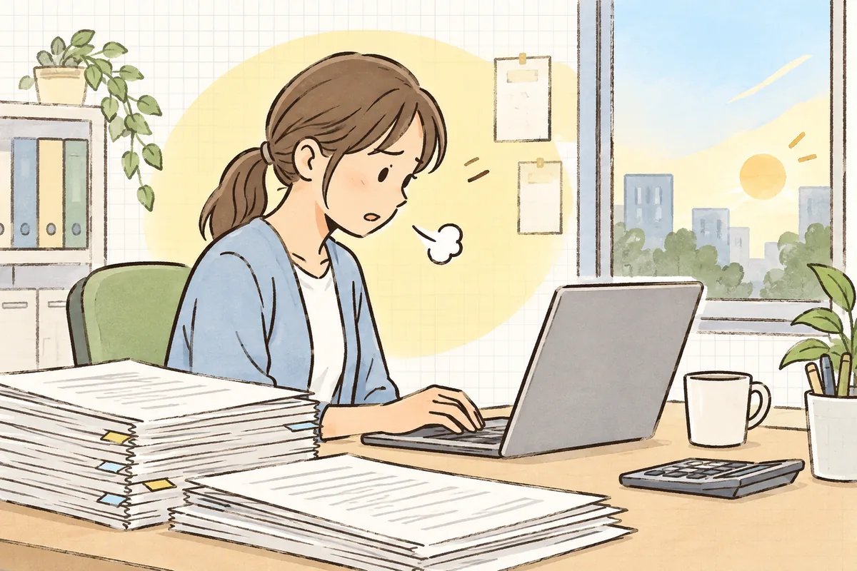 月末の事務所で、ノートパソコンの振込画面に1件ずつ入力しながら、手元の支払一覧を目で追っているひとり経理の担当者
