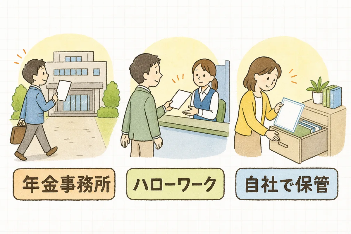 入社時に出す3つの書類の行き先を、年金事務所・ハローワーク・自社で保管の3列に分けて示した図