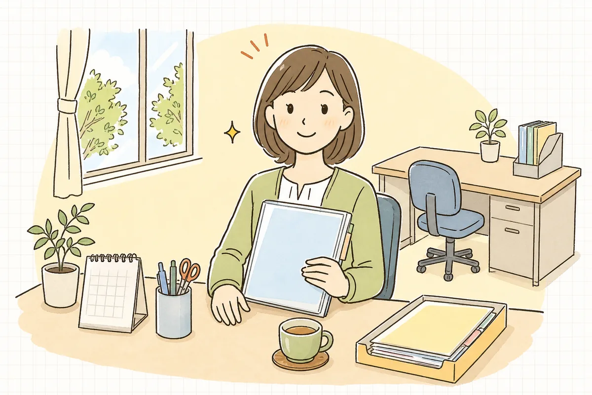 入社の手続きをひととおり終え、新しい人の書類をファイルにきれいに収めて、穏やかな表情で顔を上げているひとり経理の担当者