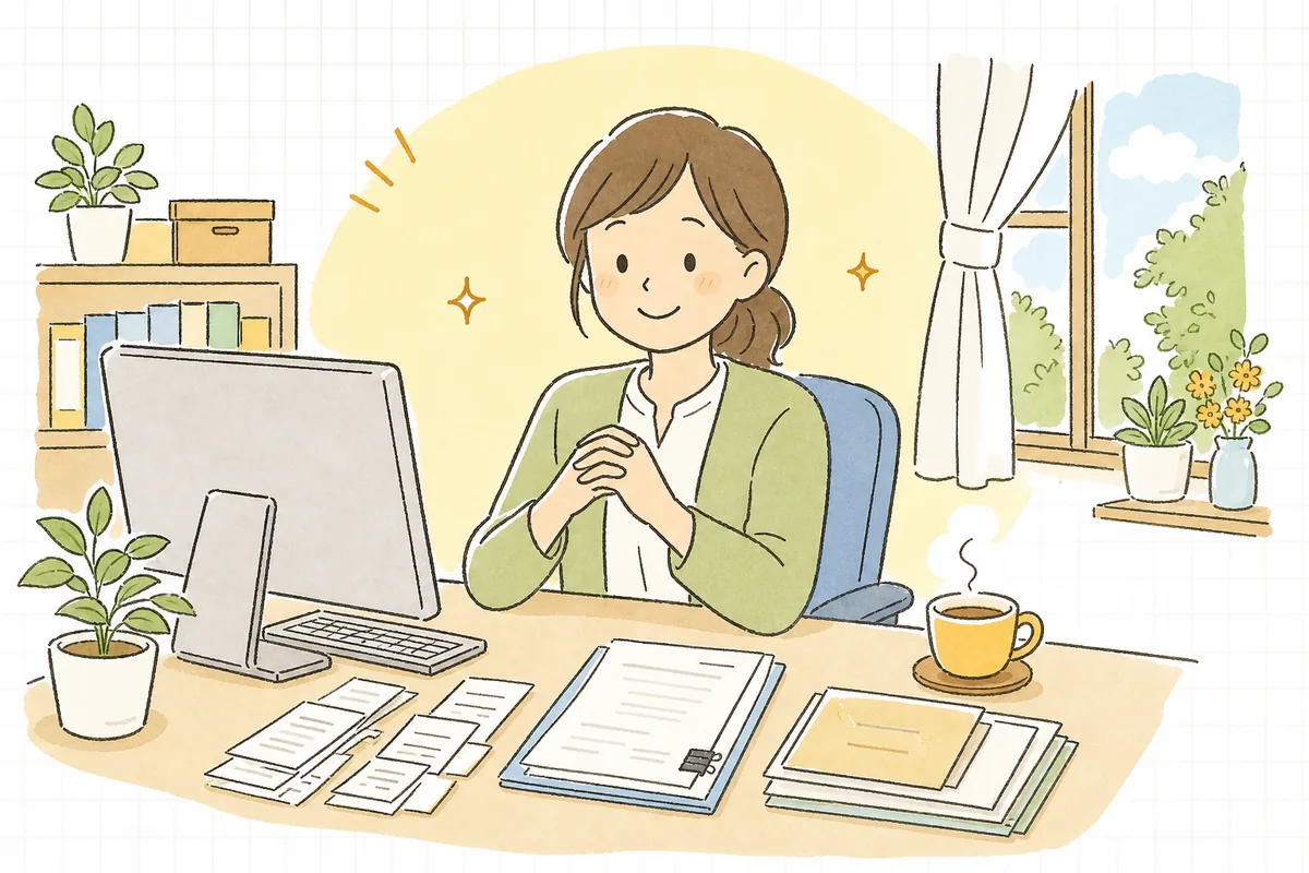 出張の精算をすべて終え、交通費も日当も整理し終えて落ち着いた表情のひとり経理の担当者