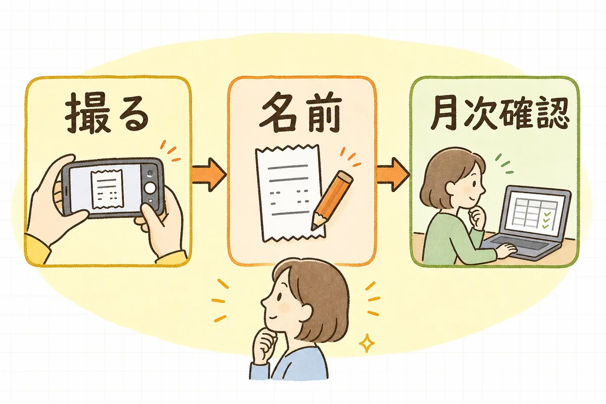 領収書をもらったその場で撮って名前をつけ、月に一度だけ会計ソフトと突き合わせる3ステップの流れ図