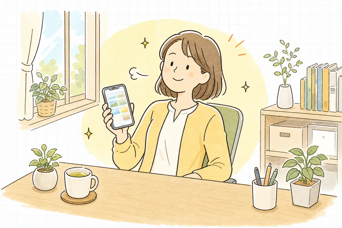 領収書がスマホの中で名前をそろえて整理され、財布もデスクもすっきりして肩の力が抜けたひとり経理の担当者