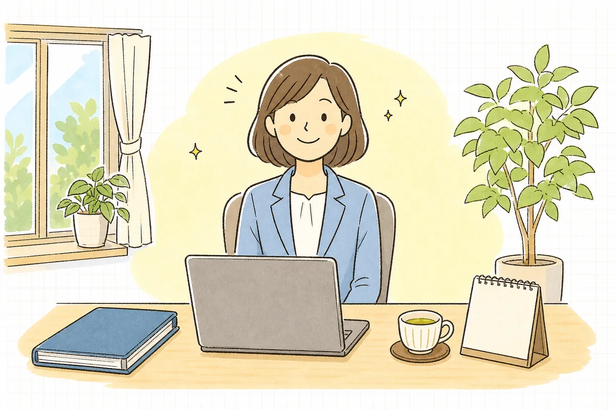 古い売掛金の記録を整理し終え、一覧表を前にすっきりと落ち着いた表情を浮かべているひとり経理の担当者