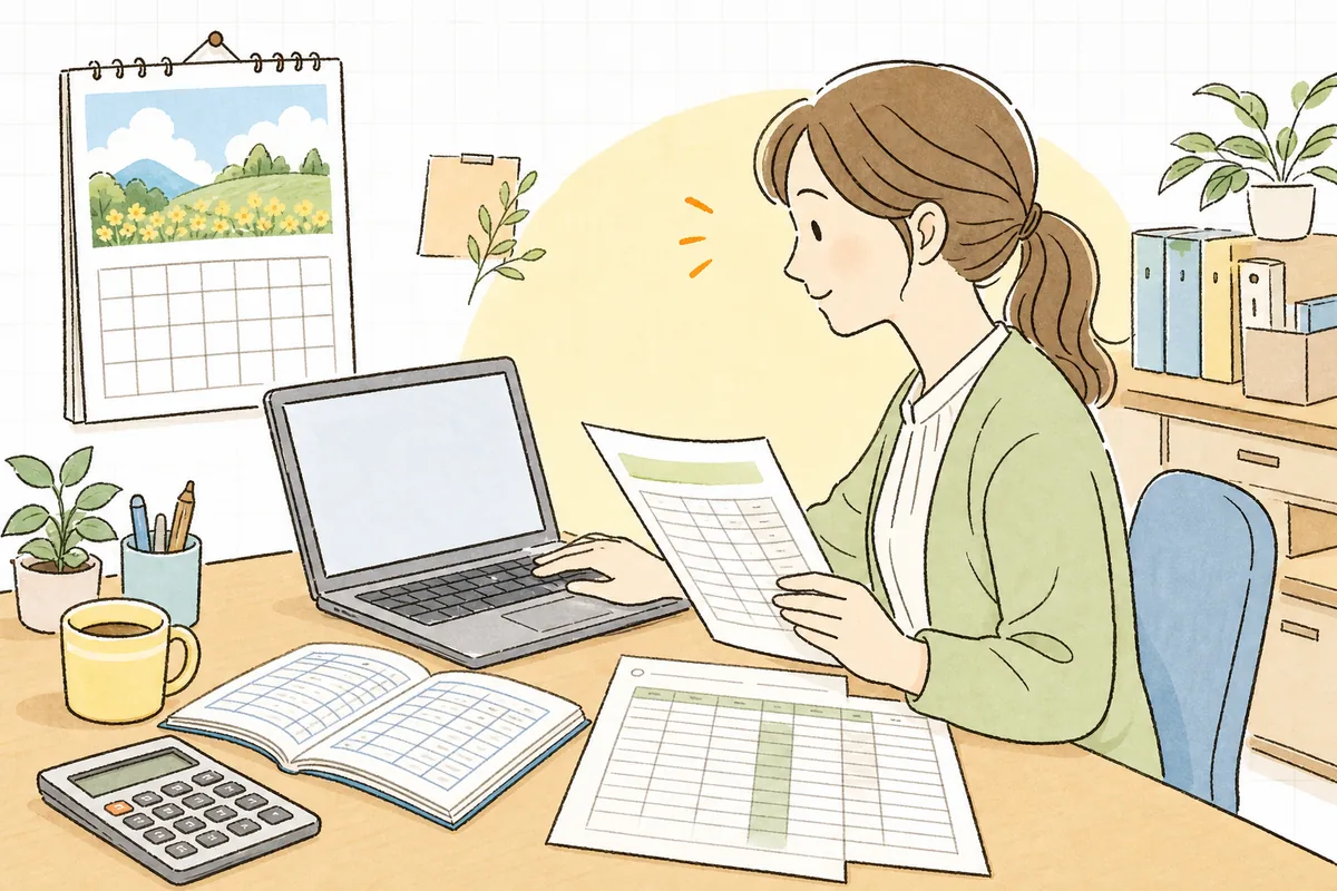 7月の事務所で、給与台帳と算定基礎届の用紙を見比べながら「4〜6月のどの給料を書くんだっけ」と確かめている経理担当者