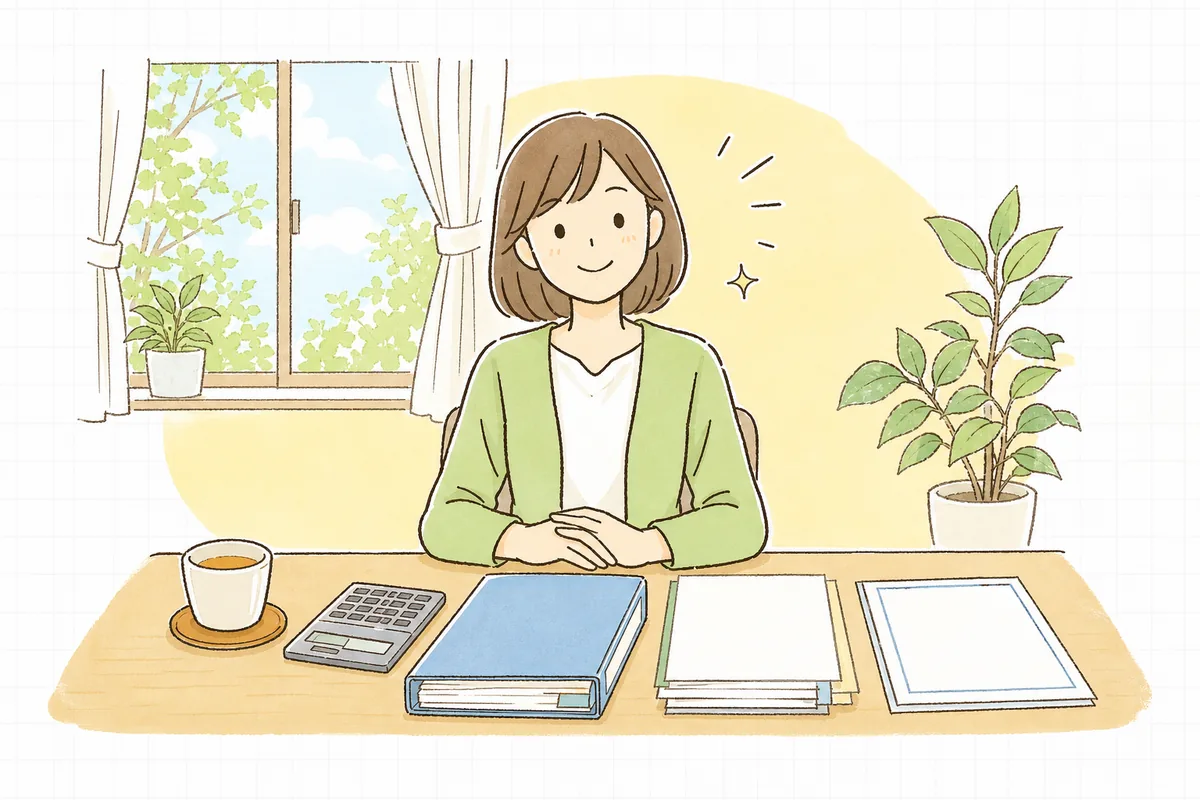 算定基礎届を出し終え、給与台帳と用紙を片づけて落ち着いた表情のひとり経理の担当者