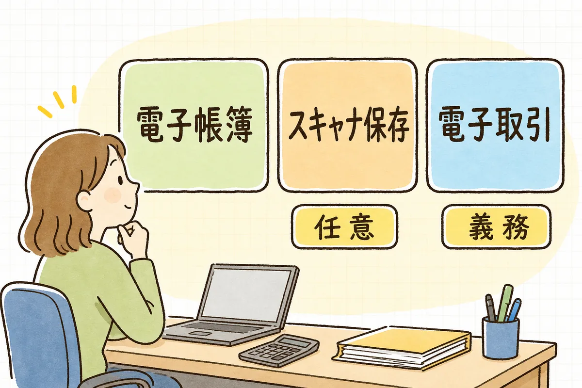 電子帳簿保存法の3つの柱（電子帳簿等保存・スキャナ保存・電子取引）と、義務か任意かの違いを示した図