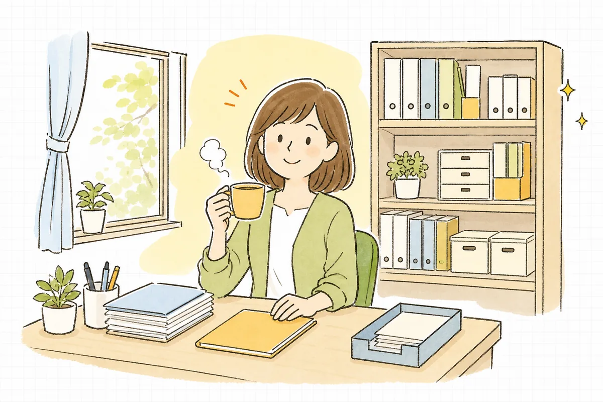 スキャンを終えて片づいた棚を前に、紙の山が減って肩の力が抜けたひとり経理の担当者