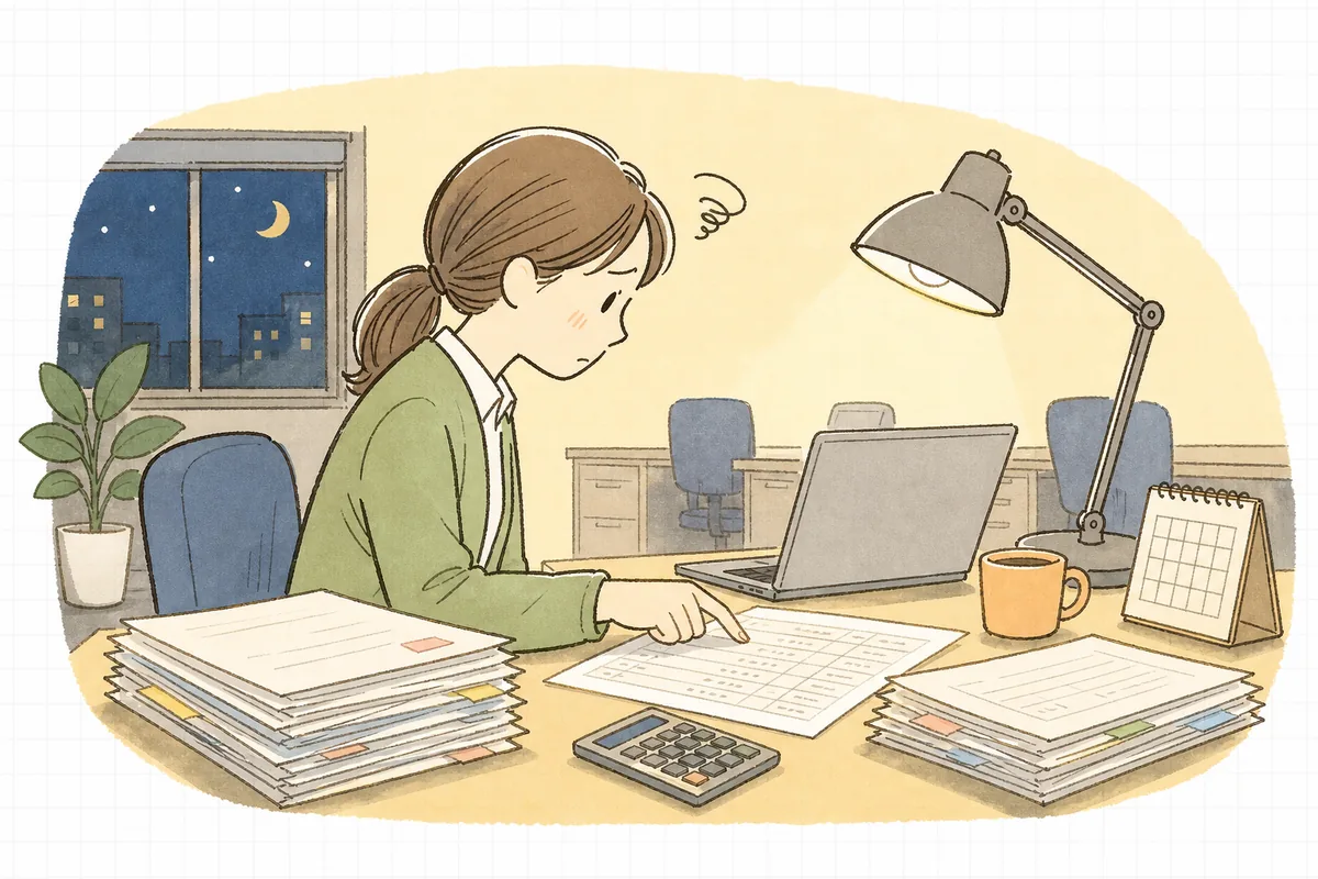 月末の夜、売上の一覧と請求書の控えの束を机に並べて見比べ、出し忘れがないか確かめながら手を止めているひとり経理の担当者
