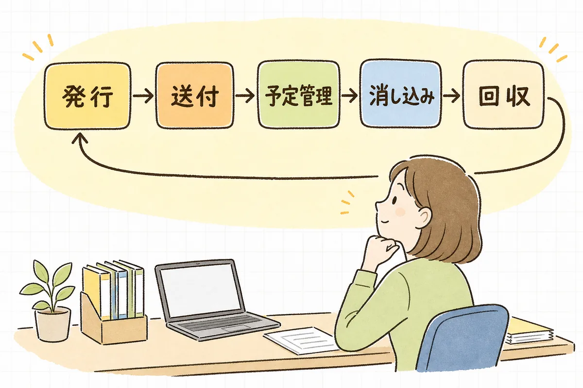 請求書の発行から入金確認までの流れを発行・送付・予定管理・消し込み・回収の5段階で示した図