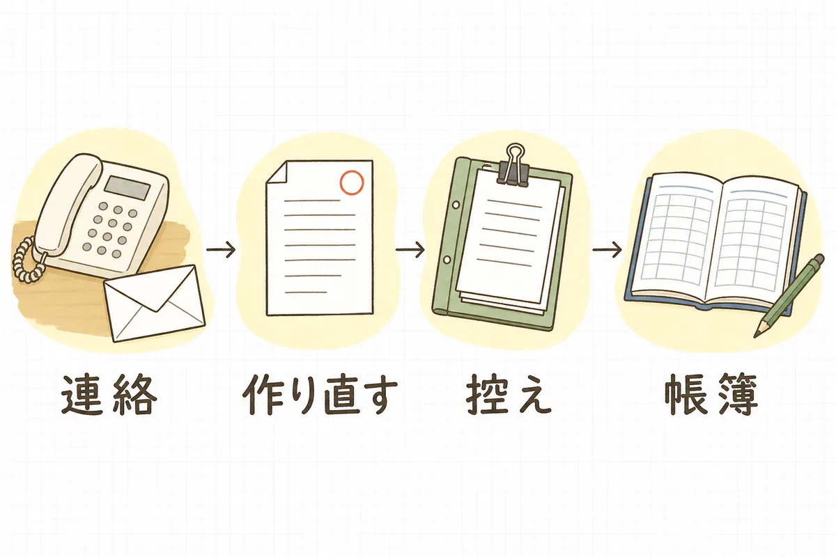 請求書の誤りに気づいてから直し終えるまでの4つの動き(相手に連絡・修正版を作る・両方の控えを残す・帳簿を直す)を左から順に並べた図