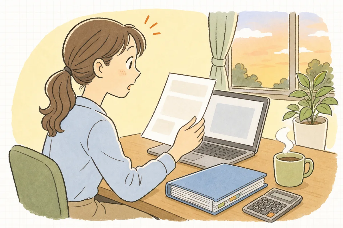 送信済みの請求書の控えを見返していて、数量の間違いに気づき、はっと手を止めているひとり経理の担当者