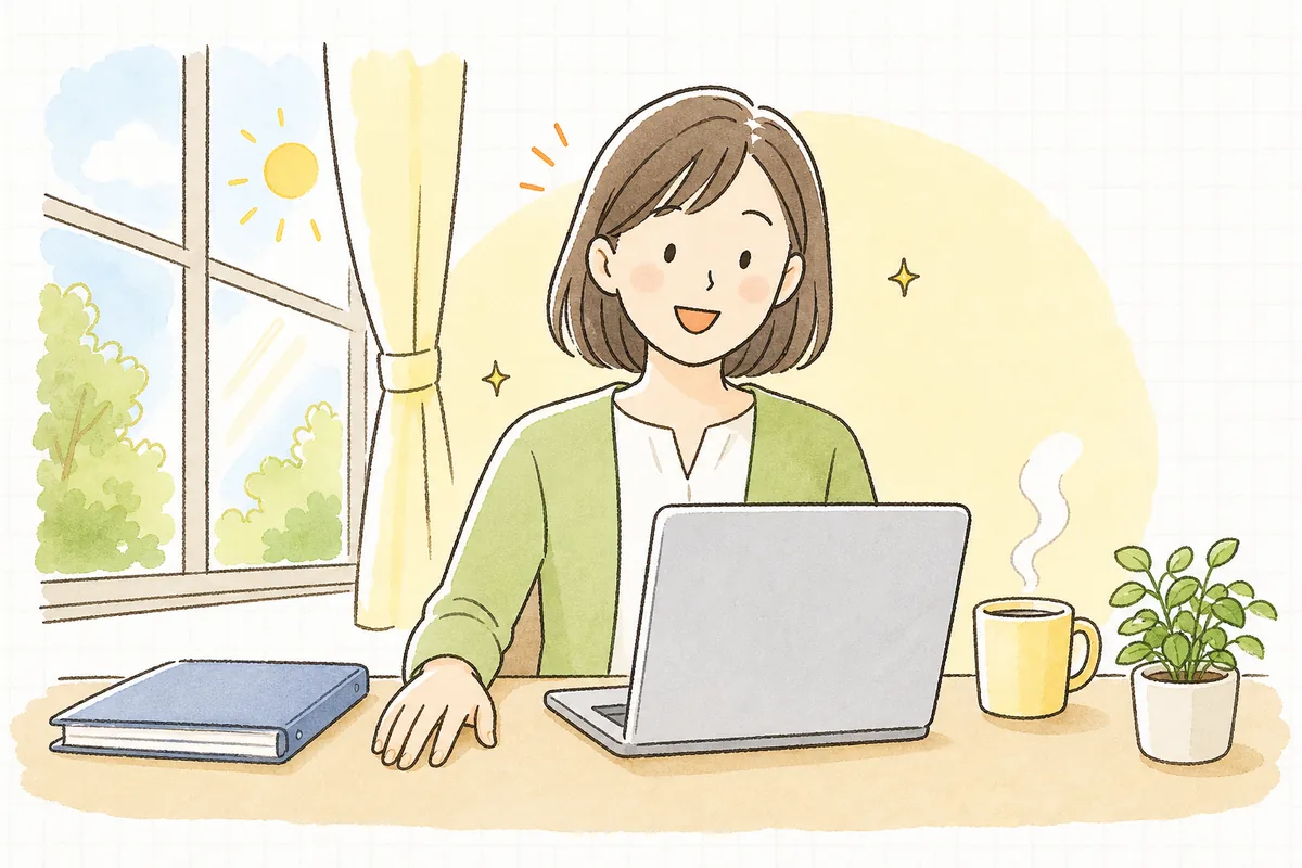 取引先に訂正版の請求書を送り終え、相手からの「承知しました」という返信を読んで、ほっとした笑顔を見せるひとり経理の担当者