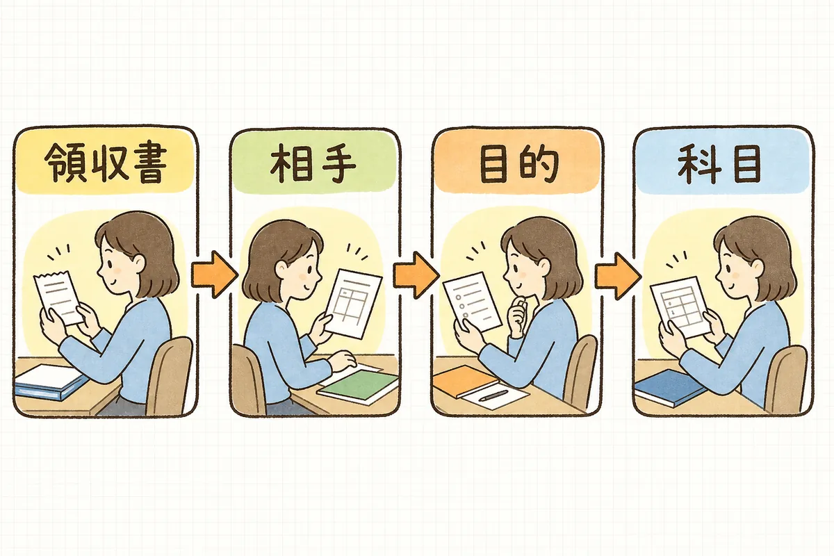 領収書を受け取ってから相手と目的と1人あたり金額を確認して科目を決めるまでの手順を示した図