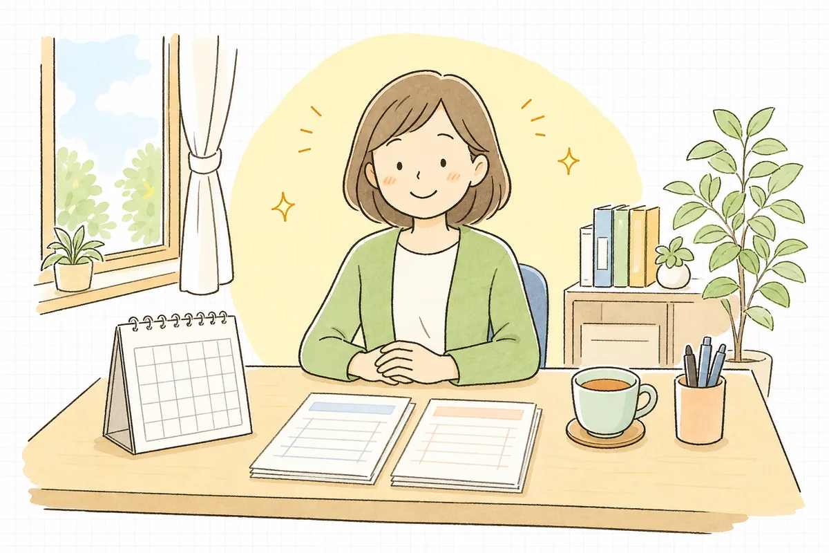 社会保険料と雇用保険料の控除・納付を確認し終え、給与明細とカレンダーを見て落ち着いた表情のひとり経理の担当者