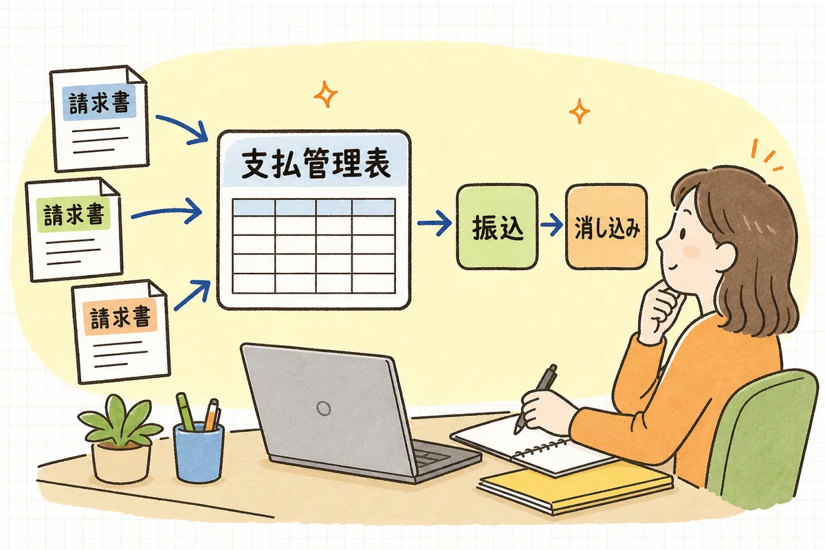 受け取った請求書が支払管理表に集約され、期日順に並んで振込・消し込みへ流れる支払い管理の流れを示した図