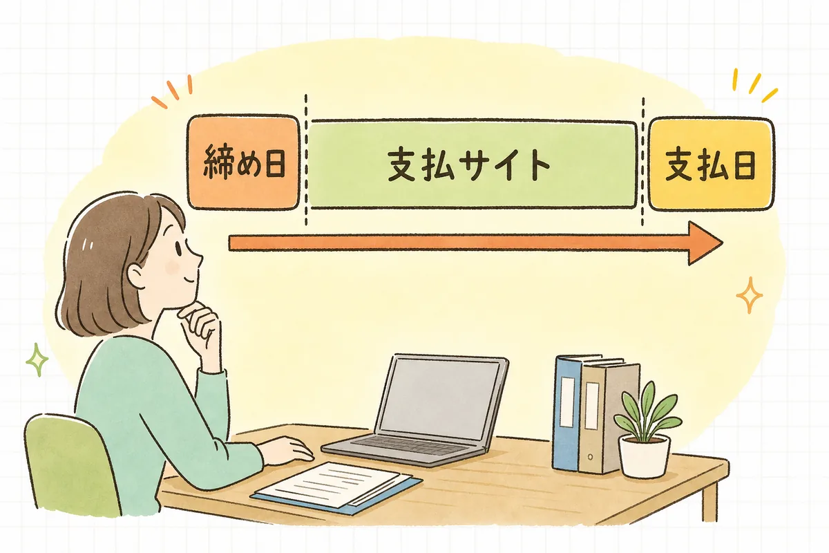 締め日で取引を区切り、支払サイトの期間を経て支払日にまとめて支払うまでの流れを表した図