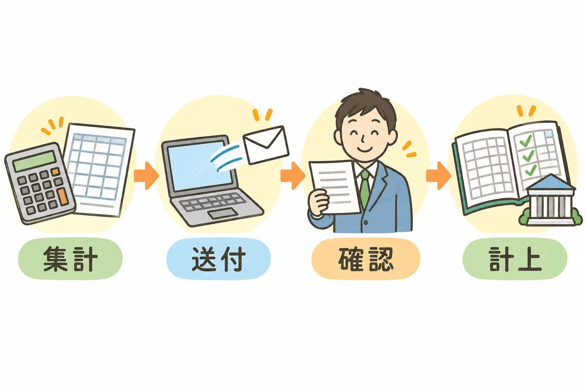 左から右へ矢印でつながった4つの場面。電卓と実績の一覧表を前にした集計の場面、封筒とノートパソコンで書類を送る場面、相手先の担当者が書類を見てうなずく場面、帳簿に記入して振込の準備をする場面が並び、それぞれの下に「集計」「送付」「確認」「計上」のラベルがある図