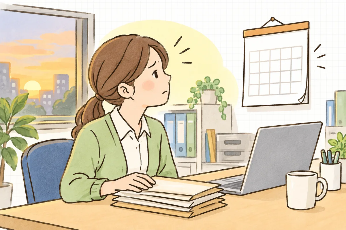 月末の事務所で、届いた請求書の束とカレンダーを見比べながら「あの協力会社の請求書がまだ来ていない」と困った表情で考える経理担当者