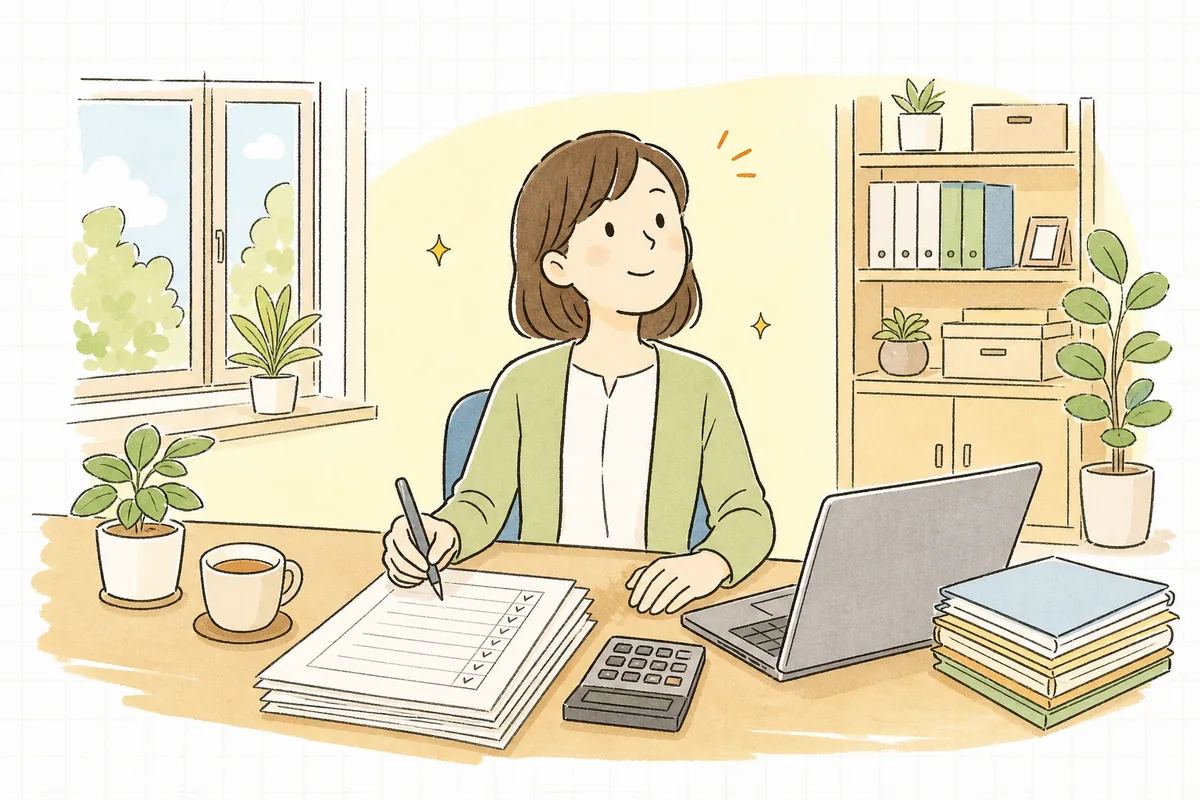 賃貸契約の仕訳を終えて明細にチェックを入れ、新しい事務所を見渡して穏やかな表情で顔を上げているひとり経理の担当者