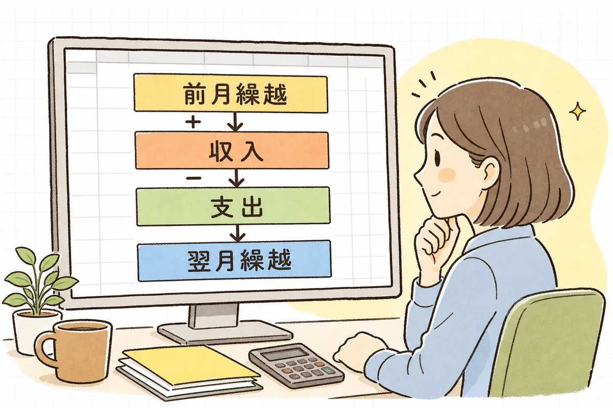 資金繰り表の基本構造を、前月繰越・収入・支出・翌月繰越の4ブロックに分けて縦に並べた図