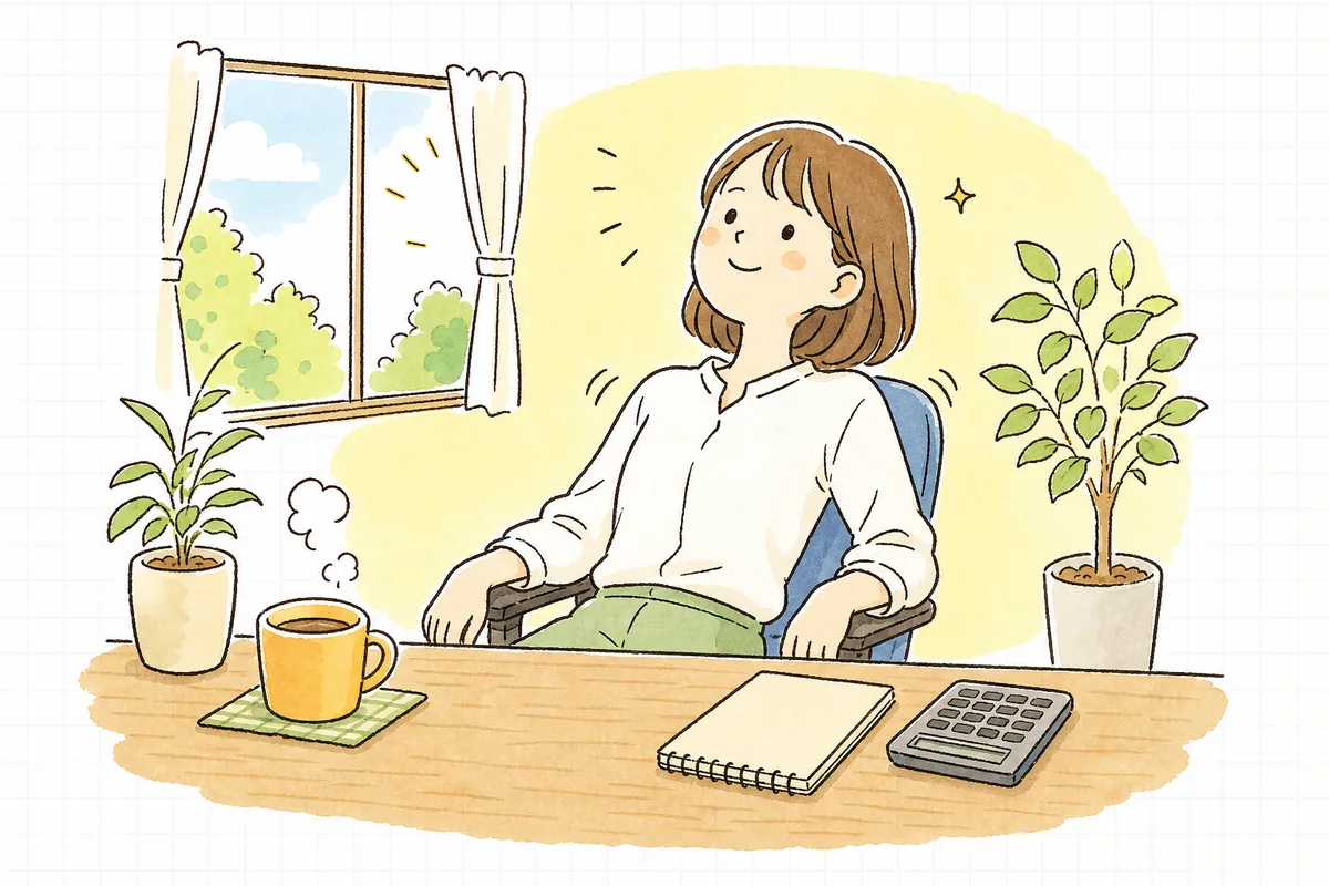 資金繰り表を作り終えて、窓の外の景色を見ながら少し肩の力が抜けたひとり経理の担当者