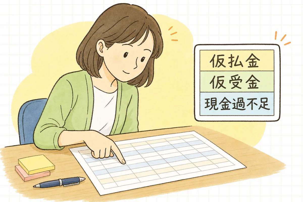 仮払金・仮受金・現金過不足などの一時的な科目に残高が残っていないかを確認するイメージ図