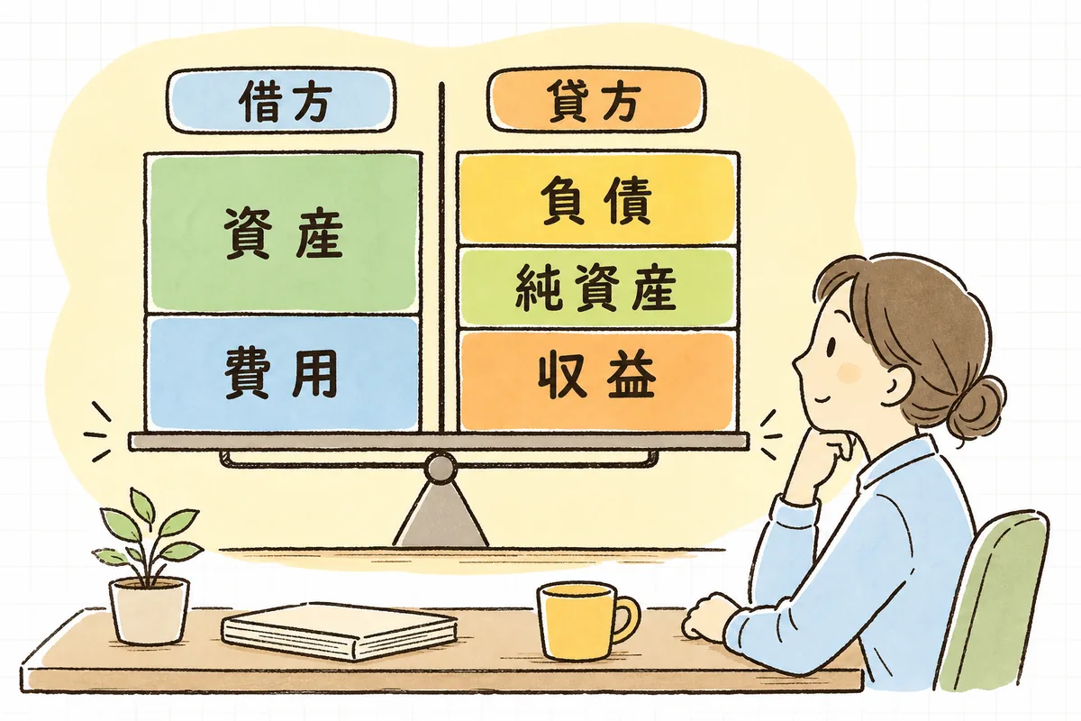 合計残高試算表の構造を、資産・負債・純資産・費用・収益のブロックに分けて示した図